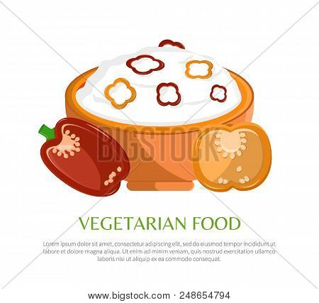 Vegetarian Food Vector Illustration, Color Banner, Mush With Pepper Pieces Isolated On White, Deep B