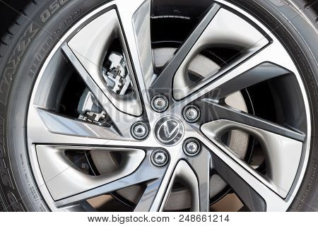 Russia, Izhevsk - April 21, 2018:showroom Lexus. Alloy Wheel Of The New Vehicle Lexus. Famous World 