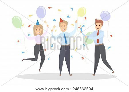 Office Party. Happy Colleagues Celebrating Holiday With Balloons, Confetti, Fireworks And Champagne.