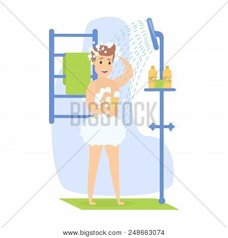 Hapy Handsome Man Taking Shower With Running Water. Guy Standing In The Bathroom And Washing His Bod