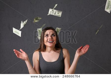 Beautiful European Woman Portrait. Scattering Money Notes Dollars In Fashion Vows Style  Curly Hair 
