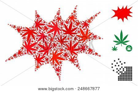 Boom Bang Composition Of Weed Leaves In Various Sizes And Color Shades. Vector Flat Grass Objects Ar