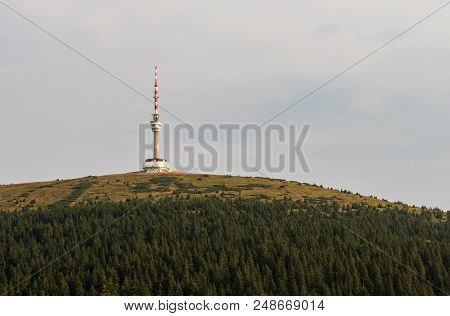 Praded Hill In Jeseniky Mountains With Communication Tower, Summer Day With Clouds