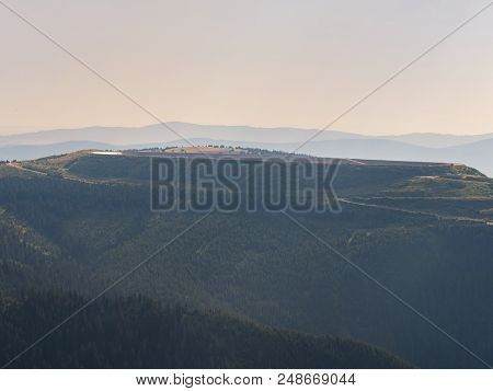 Upper Reservoir Of Pumped-storage Hydroelectricity Dlouhy Strane. View From Hill Praded In Czech Rep