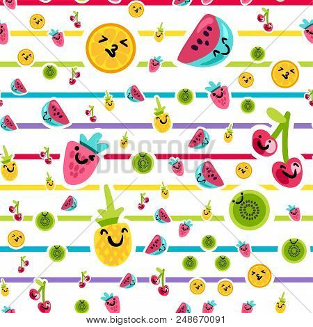 Vector Summer Fruits Patterns In Cartoon Style. Fruits And Berries. Sweet Backdrop