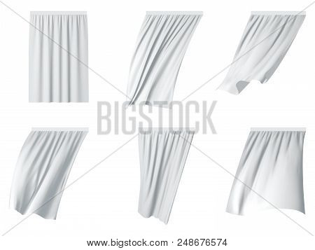 White Fluttering Curtain Set. Vector Realistic Illustration Isolated On White Background.