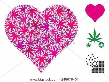 Heart Composition Of Cannabis Leaves In Various Sizes And Color Variations. Vector Flat Cannabis Ico
