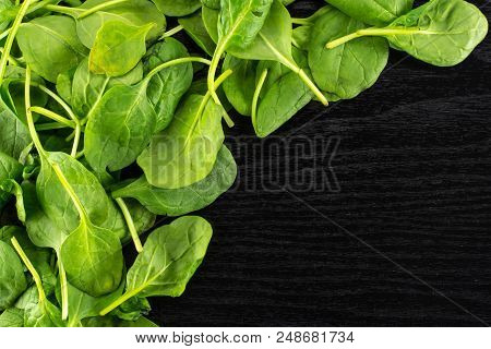 Fresh Baby Spinach Leaves Top View On Black Wood Background Left Upper Corner