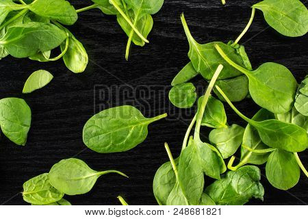Fresh Baby Spinach Leaves Top View On Black Wood Background