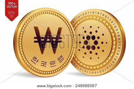 Cardano. Won. 3d Isometric Physical Coins. Digital Currency. Korea Won Coin. Cryptocurrency. Golden 