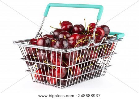 Sweet Bright Red Cherry In A Shopping Basket Isolated On White