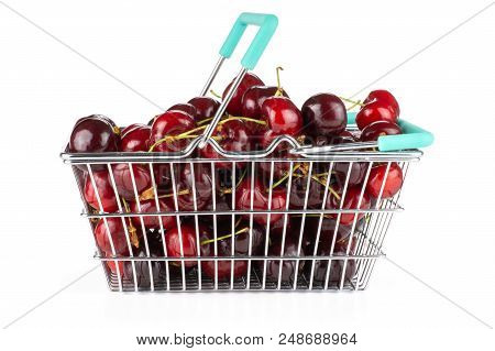 Sweet Bright Red Cherry In A Shopping Basket Side Look Isolated On White