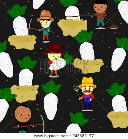 Pattern With Cute Radish On Field And Farmer,vegetables And Worker Cartoon Style,vector.