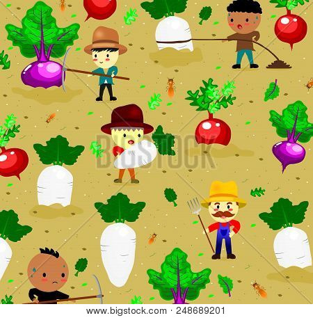 Pattern With Cute Radish On Field And Farmer,vegetables And Worker Cartoon Style,vector