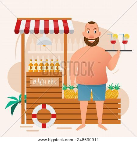 Fat Man Holding Cocktail Glass At Beach Bar. Vector Illustration Cartoon Character