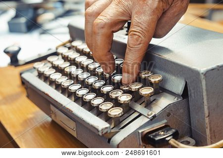 Antique Typewriter. Vintage Typewriter Machine Closeup Photo.