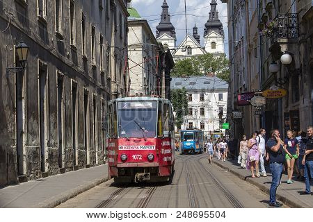 Lviv, Ukraine - July 05, 2018 : The Electric Tramway In The Historic City Centre Of Lviv. It Is The 