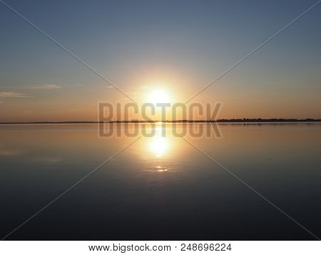 Amazing Sun Set Over Artificial European Goczalkowice Reservoir And Coastline Near Pszczyna City In 