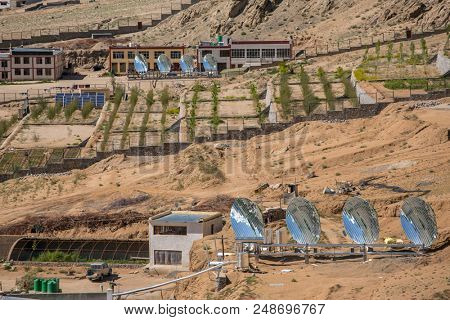 Big Solar Water Boilers in modern experimental school in Leh, Ladakh, India. Alternative energy con?ept