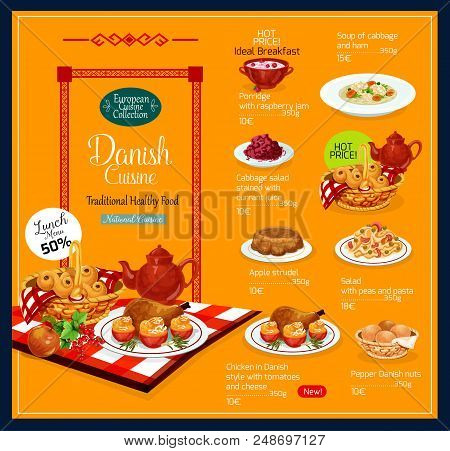 Danish Cuisine Traditional Food Menu. Vector Lunch And Breakfast Offer For Porridge With Raspberry J