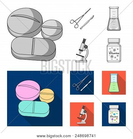 A Bank Of Vitamins, A Flask With A Solution And Other Equipment.medicine Set Collection Icons In Mon