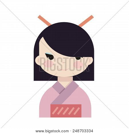 Japanese/ Chinese Girl Doll Isolated On White Background. Kokeshi Doll. Asian Avatar. Vector Stock.