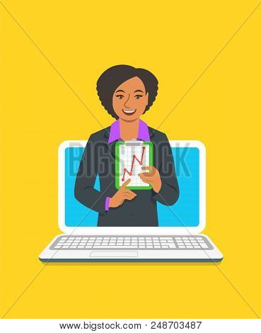 Online Business Coaching Concept. Vector Flat Illustration. Young Woman Business Coach On Computer M