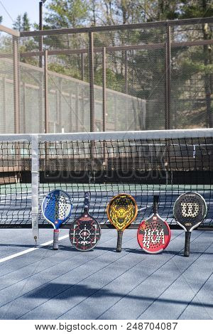 Pound Ridge, New York-april 18: Platform Tennis Paddles Are Seen At Private Club Platform Paddle Cou
