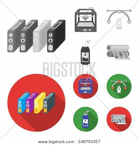 3d Printer, Newspaper Printer, Ink, Pen. Typography Set Collection Icons In Monochrome, Flat Style V