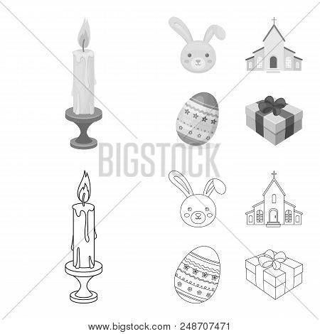 Church, Candle, Easter Bunny And Painted Egg.easter Set Collection Icons In Outline, Monochrome Styl