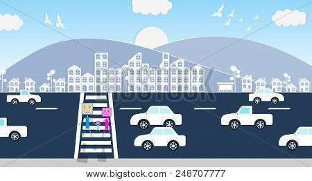 The Little Boy And His Parents Are Crossing The Road On The Crosswalk. Cars On The Street In The Cit