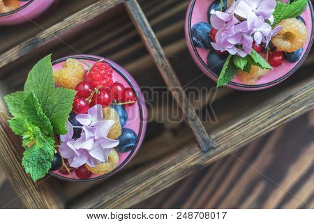Multivitamin Summer Berry Delicious Panacotta. Sweet Food With Raspberries, Blueberries, Currants, C