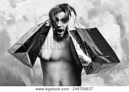 Bearded Man, Short Beard. Caucasian Surprised Sexy Macho Man With Moustache Shows Six Packs And Abs 