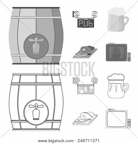 A Wooden Barrel With A Faucet, A Pub Sign, A Mug Of Beer, Pieces Of Meat On A Board.pub Set Collecti