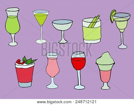 Different Cocktails On Purple Background. Hand Drawn Illustration