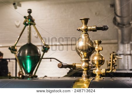 London, Uk - March 20 2018: Close-up Of Engine Handles, Inside The Tower Bridge. The Victorian Engin