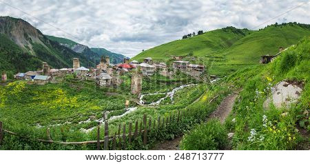Panoramic View Of The Mountain Village Of Adishi In Svaneti, Georgia. A Village In The Mountains And
