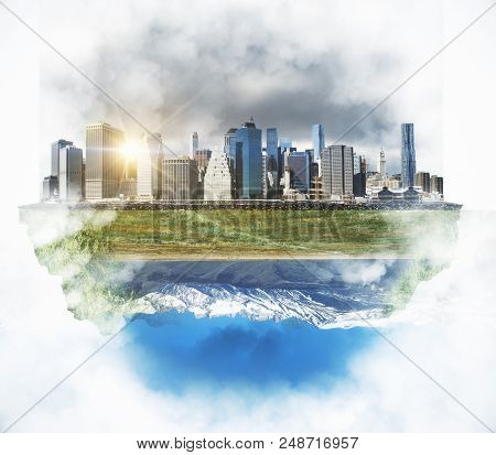 Success And Development Concept With Mountain View Under Abstract Piece Of Megapolis City. 3d Render