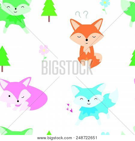 Cute Little Fox And Tree Seamless Pattern. Fox Cartoon Style For Fabric Textile, Wallpapers, Web Pag
