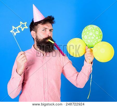 Entertainer With Colorful Baloons At Kids Party, International Childrens Day. Bearded Artist With Pa