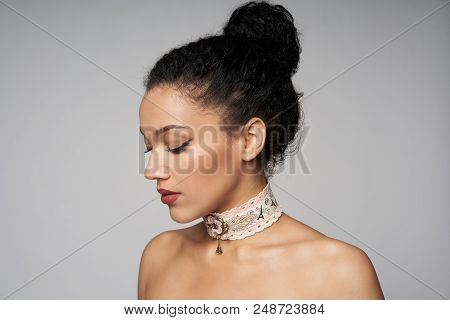 Beauty Closeup Profile Portrait Of Beautiful Mixed Race Caucasian - African American Woman Wearing C