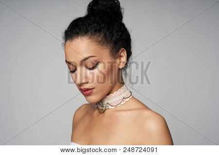 Beauty Closeup Profile Portrait Of Beautiful Mixed Race Caucasian - African American Woman Wearing C
