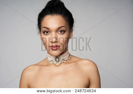 Beauty Closeup Profile Portrait Of Beautiful Mixed Race Caucasian - African American Woman Wearing C