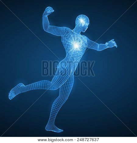 Energy Of The Punching Man. Spiritual Energy Beams Inside Head And Torso. Blue Version. Suitable For