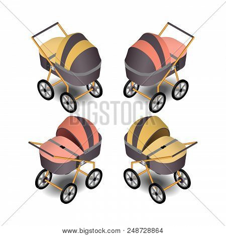 Original Strollers For Children In Vector, Baby Carriage In Isometric.