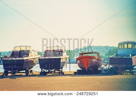 The Yacht Is Parked In The Roadstead And Ready For Travel.