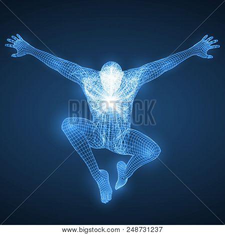 Energy Of The Free Falling Man Figure. Assassin Style Stealth Jump. Spiritual Energy Beams Inside He