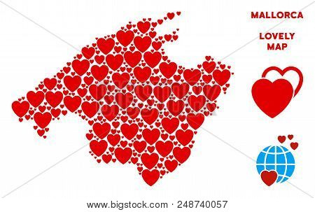 Romantic Spain Mallorca Island Map Collage Of Red Hearts. We Like Spain Mallorca Island Map Concept.