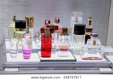 Haarlem, The Netherlands - July 8th 2018: Collection Of Estee Lauder Fragrances Perfume On Display I