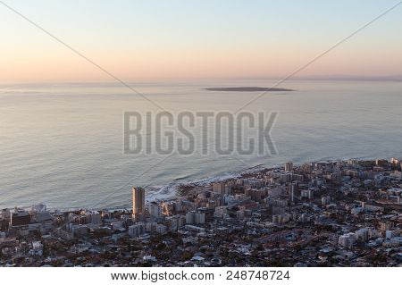 City View Of Seapoint In Cape Town With Robben Island In The Background